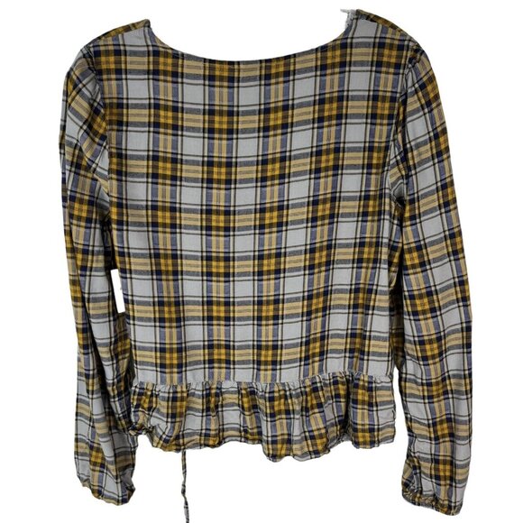 Arizona Jeans Wrap Shirt Top Womens Small Plaid Grey Yellow Blue New - Picture 2 of 10